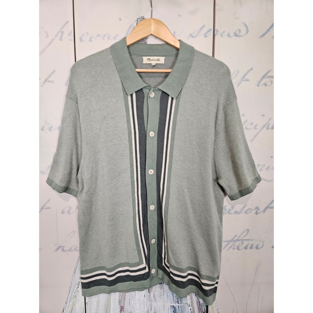 Madewell Knit sweater Shirt Medium Green Retro Vertical Stripe Button Down